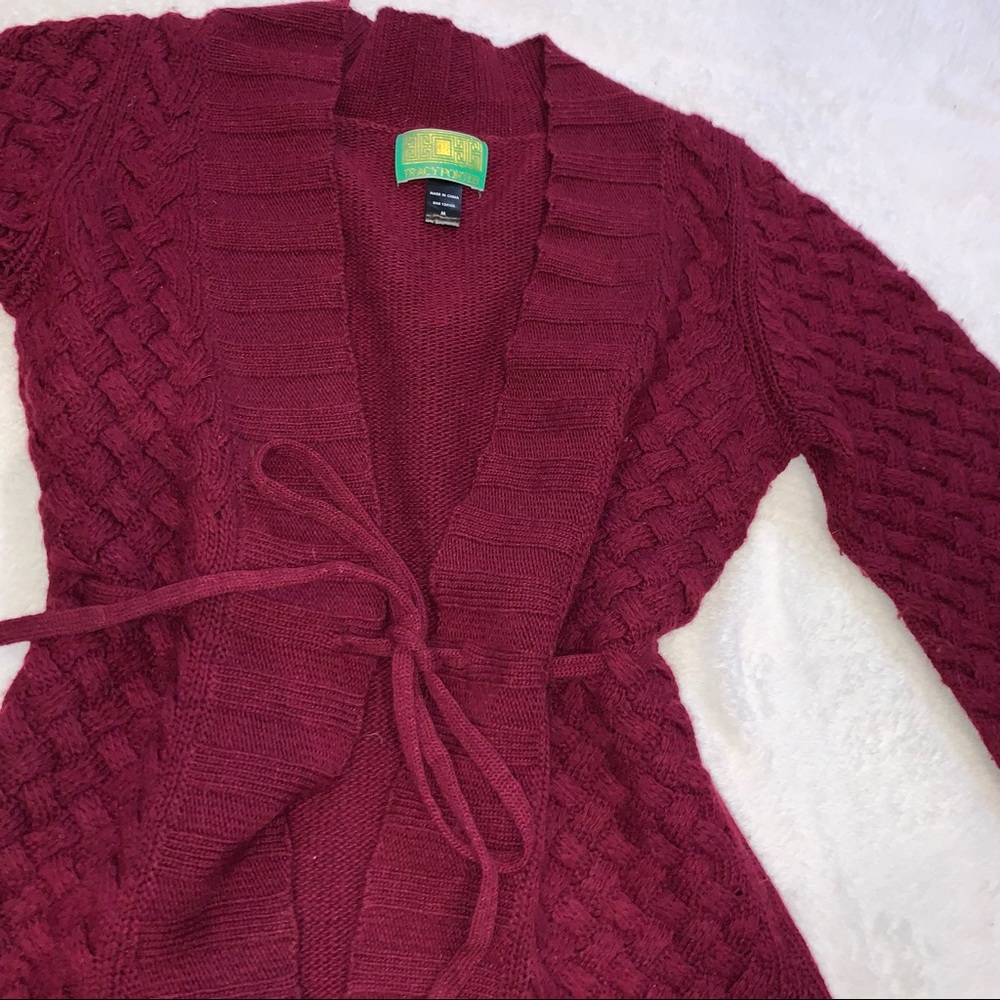 Tracy Porter burgundy lambswool bell sleeve, drawstring waist cardigan.